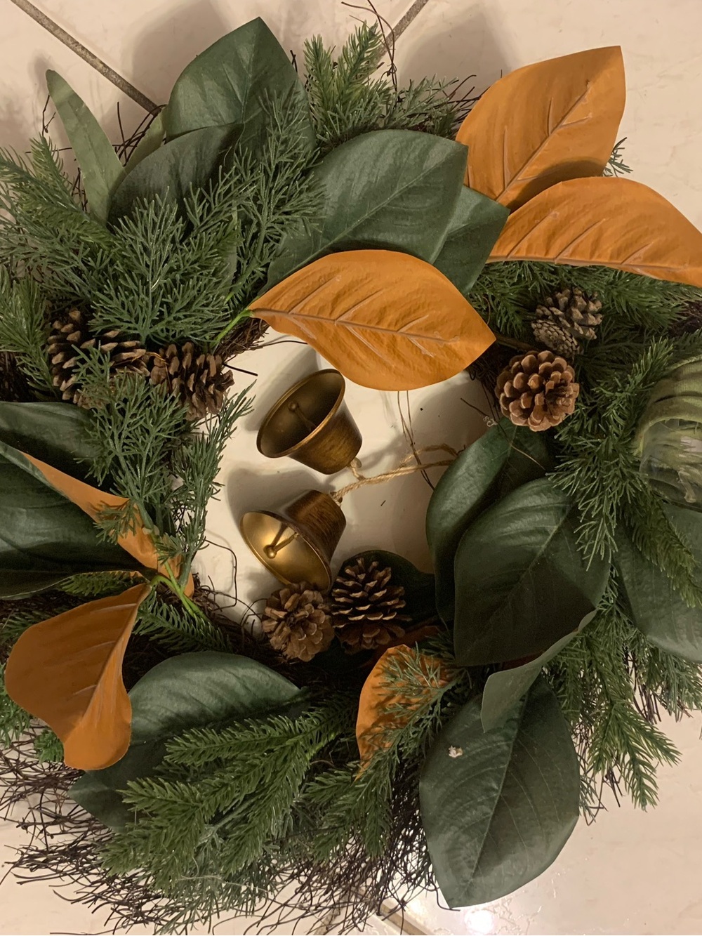 Holiday Magnolia & Pine Wreath with Gold Bells - Green & Tan
